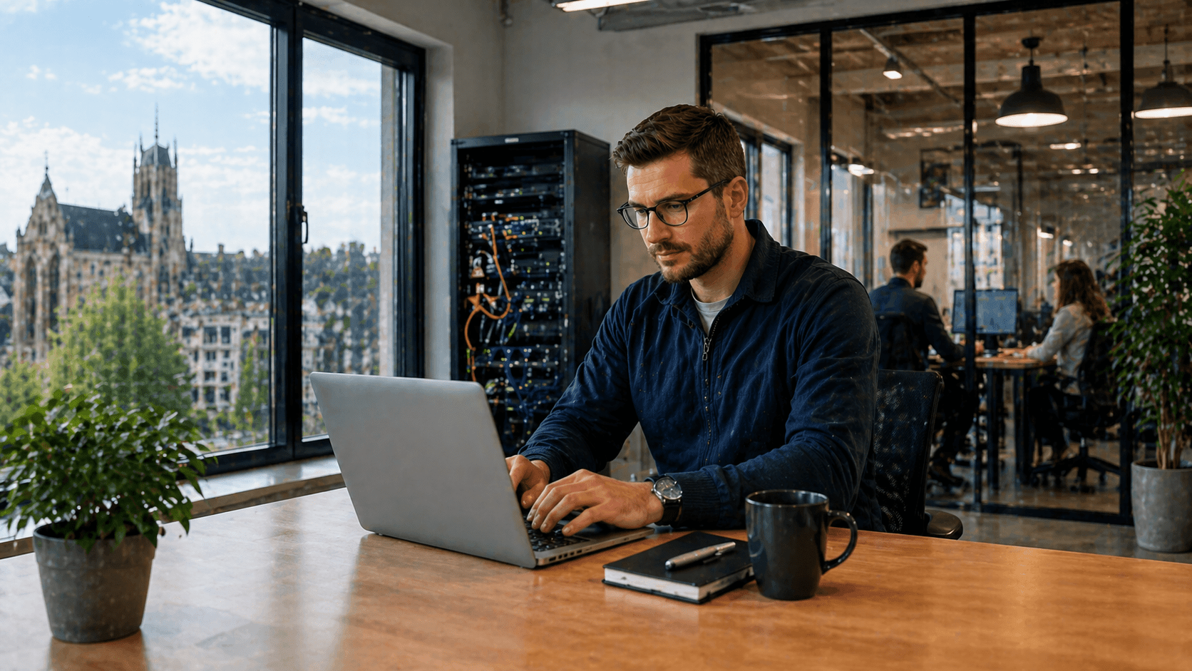 Environnement informatique professionnel avec vue sur Évreux