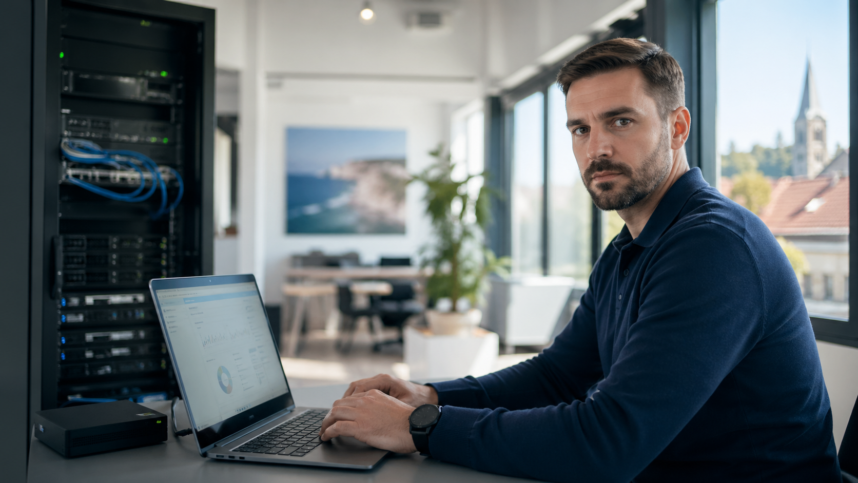 Technicien vérifiant la sécurité informatique d’une entreprise