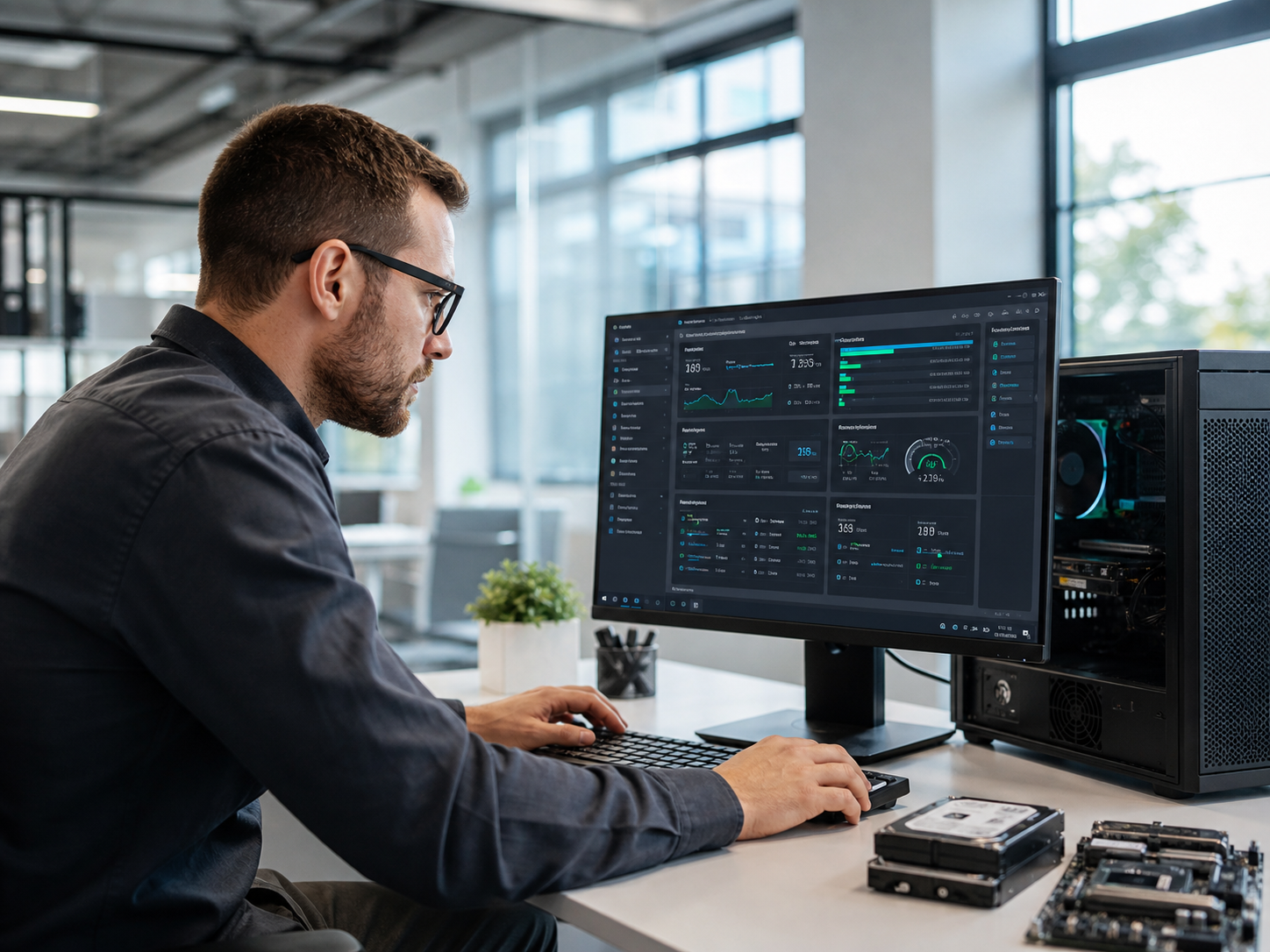 Technicien informatique analysant un poste de travail en entreprise pour assurer la maintenance du système informatique