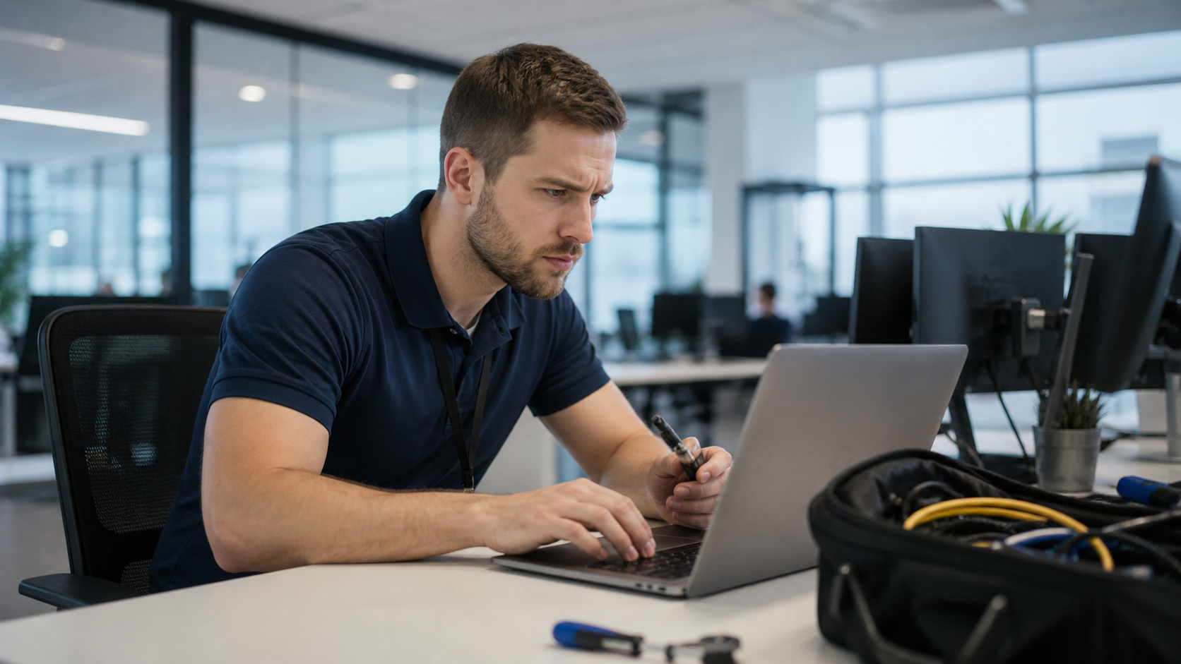 Intervention informatique rapide en entreprise pour résoudre une panne sur un poste de travail professionnel
