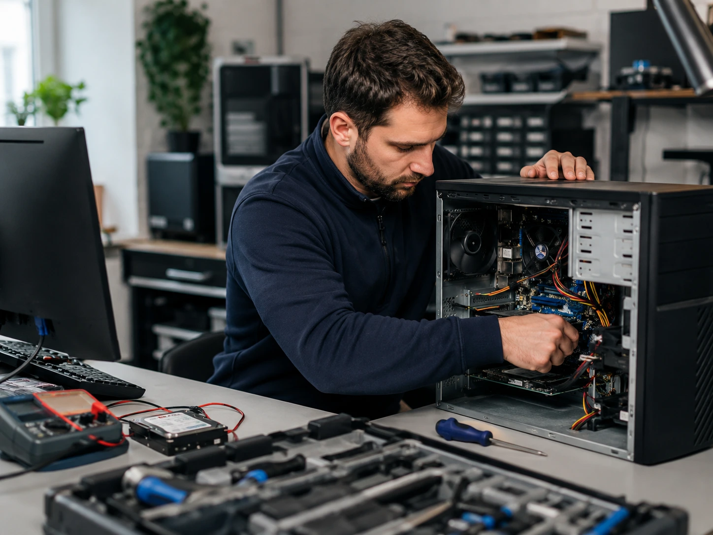 Technicien informatique en train de réparer un PC en atelier à Ménilles près de Pacy-sur-Eure