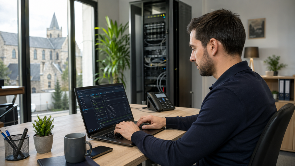 Technicien informatique en intervention dans une PME de l’Eure avec ordinateur portable et environnement professionnel