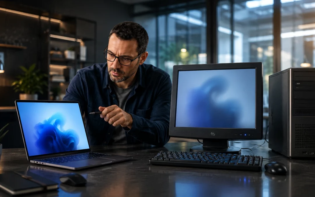 Technicien informatique vérifiant la compatibilité Windows 11 d’un PC en 2026