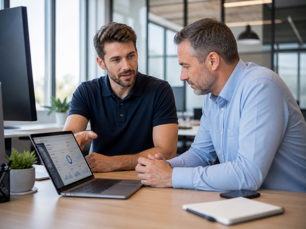 Technicien informatique conseillant un dirigeant de PME dans l’Eure sur la maintenance du système informatique