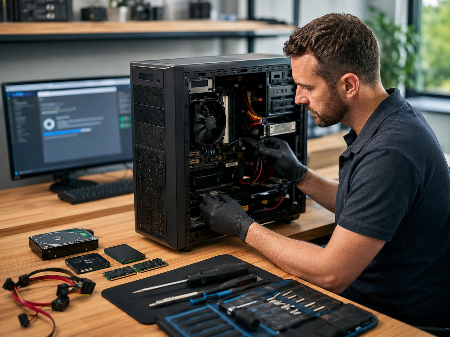 Technicien informatique réparant un PC en atelier à Ménilles dans l’Eure