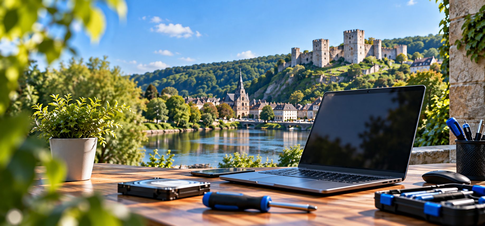 Ordinateur portable et outils de dépannage informatique devant un paysage inspiré des Andelys