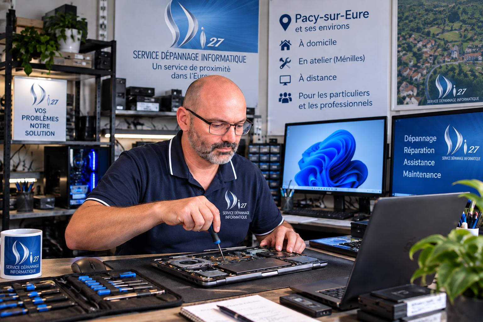Technicien SD Informatique 27 réparant un ordinateur pour un dépannage informatique à Pacy-sur-Eure