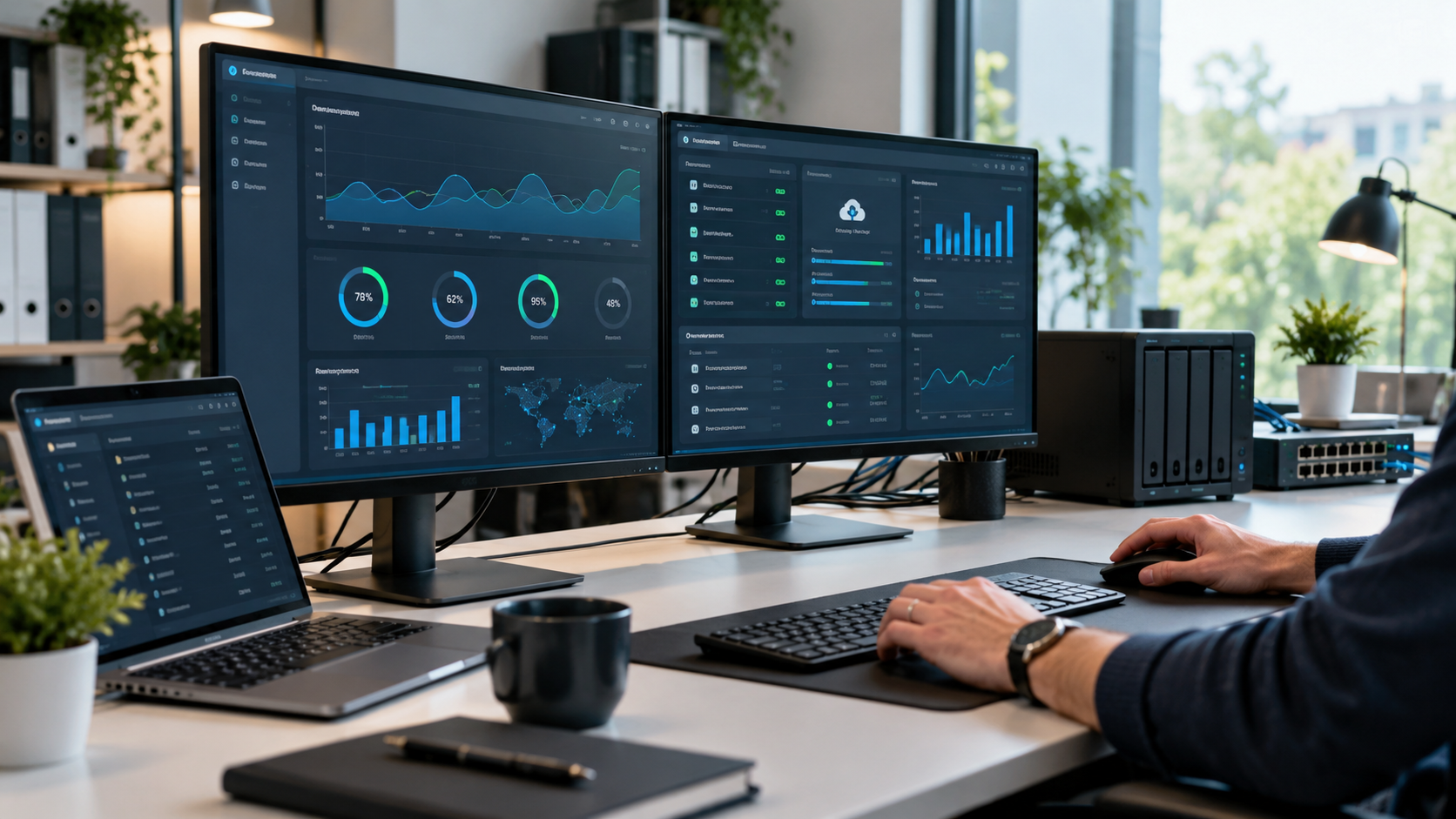 Poste informatique professionnel avec deux écrans de supervision, un NAS et un équipement réseau.